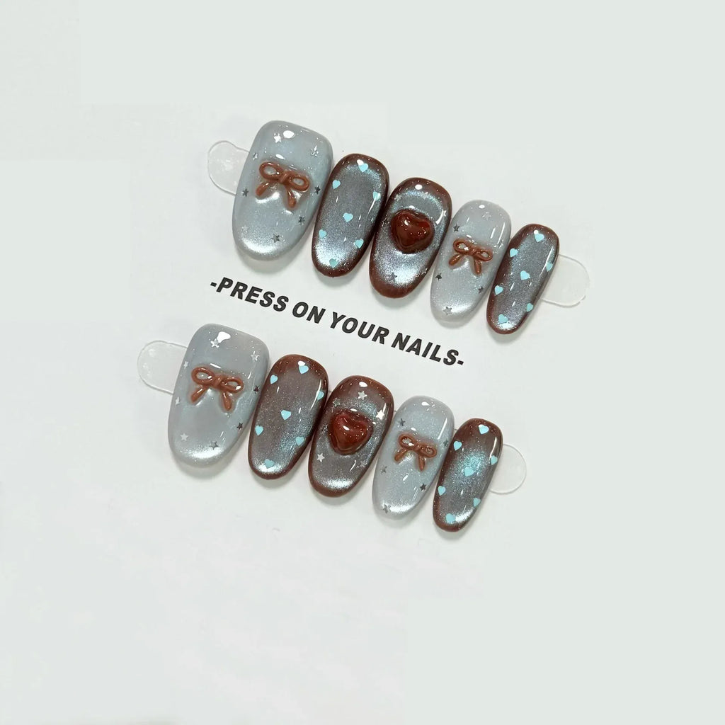 10pcs Medium Oval Handmade Nails Autumn/Winter Blue-Brown Cat Eye Press on Nail for Women&Girl Heart Bow Removable Wearable Nail