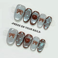 10pcs Medium Oval Handmade Nails Autumn/Winter Blue-Brown Cat Eye Press on Nail for Women&Girl Heart Bow Removable Wearable Nail